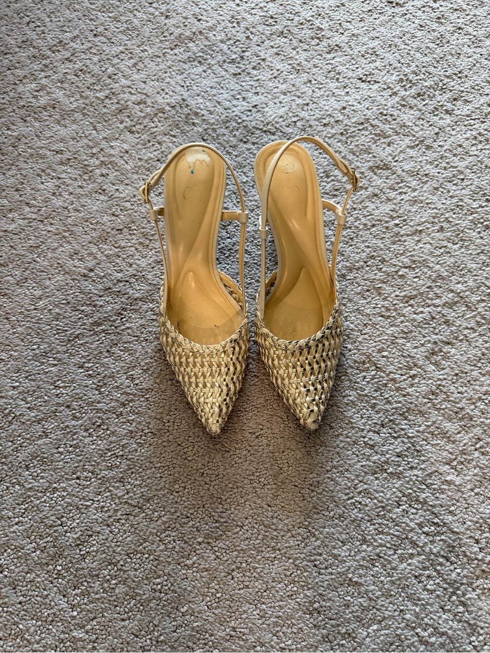 Woven Pointed-Toe Slingback Heels in Beige